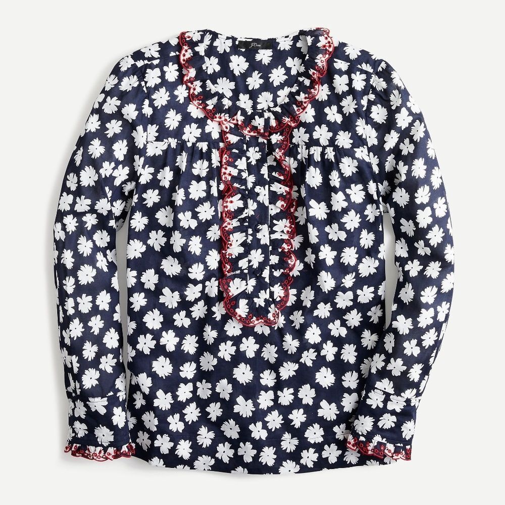 J. Crew Embroidered Ruffle Blouse - Blue/White Daisy Floral Pattern | Size S